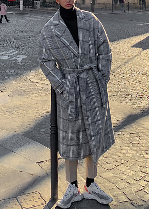 Stylish Coffee Plaid Notched Tie Waist Woolen Mens Coats Winter RO040 ABC