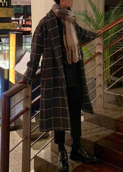 Stylish Coffee Plaid Notched Tie Waist Woolen Mens Coats Winter RO040 ABC