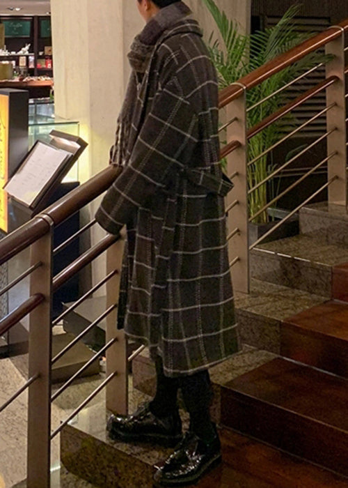 Stylish Coffee Plaid Notched Tie Waist Woolen Mens Coats Winter RO040 ABC