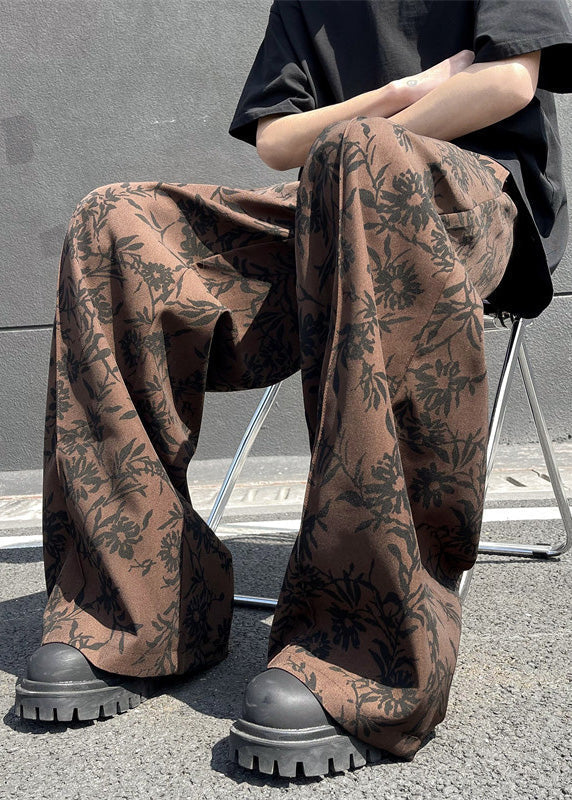 Stylish Coffee Pockets Print Cotton Men Wide Leg Pants Summer YT035 Men-Silk-MENP240721