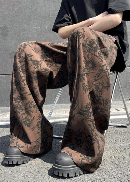 Stylish Coffee Pockets Print Cotton Men Wide Leg Pants Summer YT035 Men-Silk-MENP240721