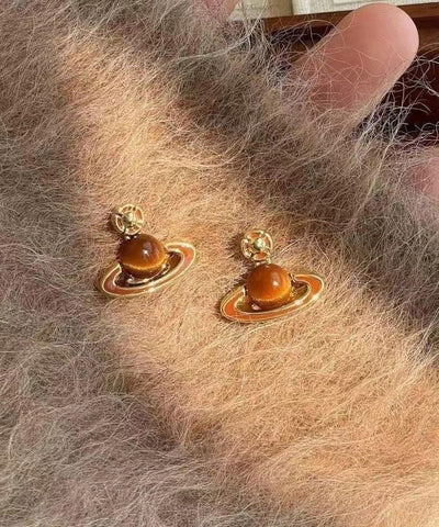 Stylish Coffee Sterling Silver Overgild Drip Glaze Planet Drop Earrings YA021 ABC