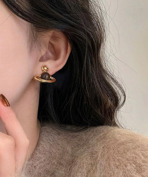 Stylish Coffee Sterling Silver Overgild Drip Glaze Planet Drop Earrings YA021 ABC