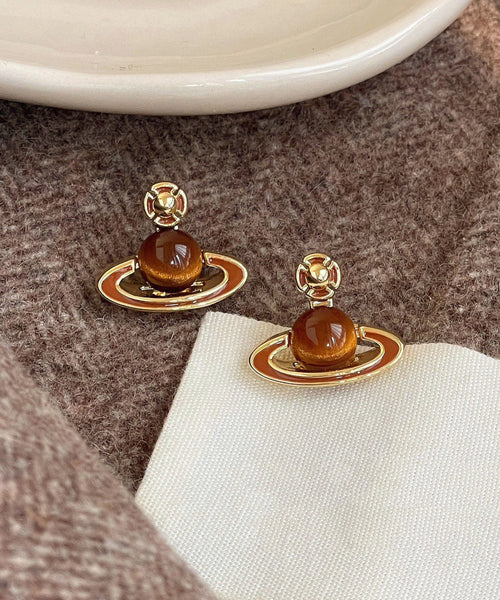 Stylish Coffee Sterling Silver Overgild Drip Glaze Planet Drop Earrings YA021 ABC