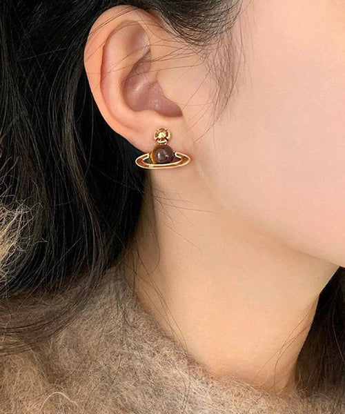 Stylish Coffee Sterling Silver Overgild Drip Glaze Planet Drop Earrings YA021 ABC