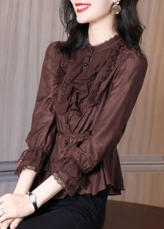 Stylish Coffee Tie Waist Lace Patchwork Shirt Spring RL002 ABC