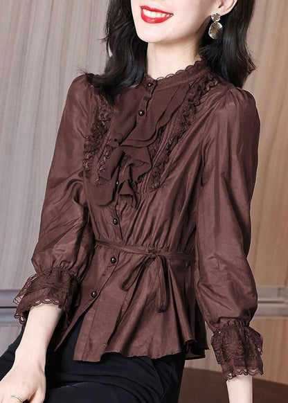 Stylish Coffee Tie Waist Lace Patchwork Shirt Spring RL002 ABC