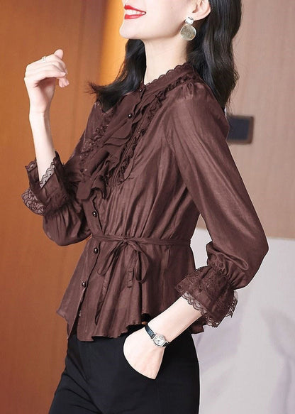 Stylish Coffee Tie Waist Lace Patchwork Shirt Spring RL002 ABC