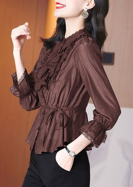 Stylish Coffee Tie Waist Lace Patchwork Shirt Spring RL002 ABC