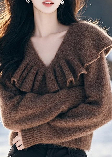 Stylish Coffee V Neck Ruffled Woolen Knit Pullover Spring TQ005 ABC