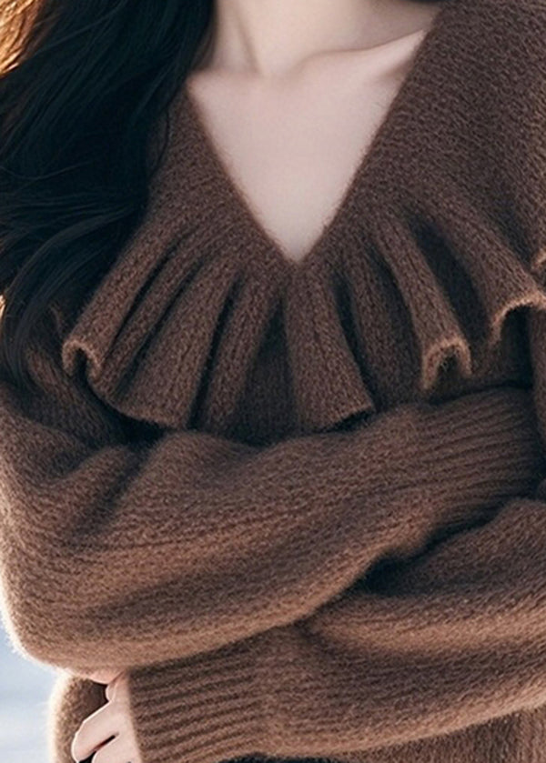 Stylish Coffee V Neck Ruffled Woolen Knit Pullover Spring TQ005 ABC