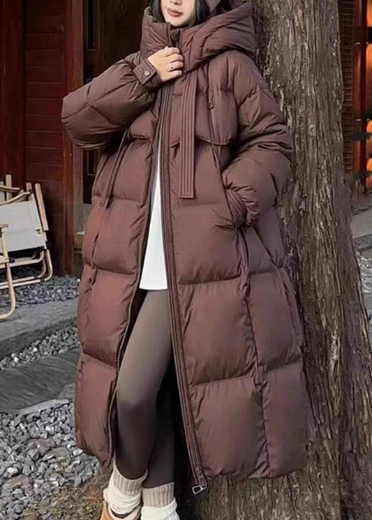 Stylish Coffee Zip Up Pockets Duck Down Puffer Hooded Coat Winter TD034
