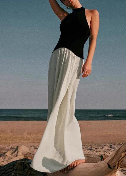 Backless Sleeveless Dress Cotton Colorblock Long Stylish FashionChic