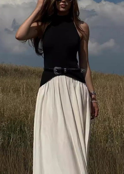 Backless Sleeveless Dress Cotton Colorblock Long Stylish FashionChic