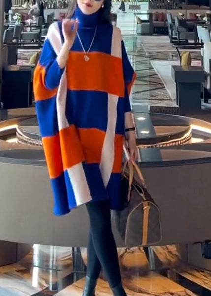Stylish Colorblock Hign Neck Woolen Knit Dress Batwing Sleeve RF003 ABC