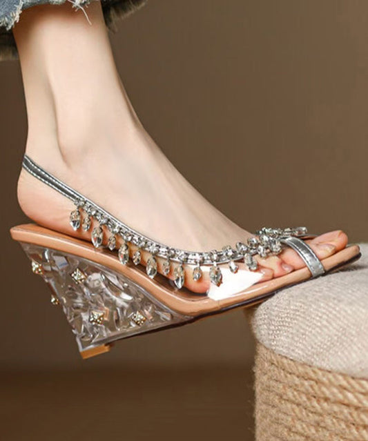 Wedge Cowhide Heels Leather Sequins Splicing Apricot Stylish FashionChic