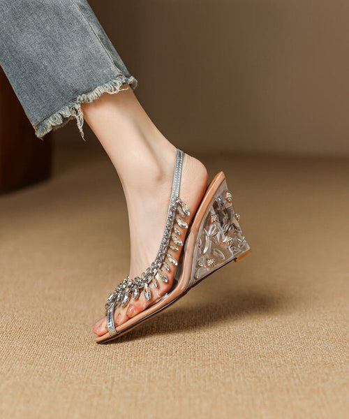 Wedge Cowhide Heels Leather Sequins Splicing Apricot Stylish FashionChic