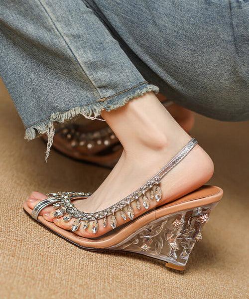 Wedge Cowhide Heels Leather Sequins Splicing Apricot Stylish FashionChic