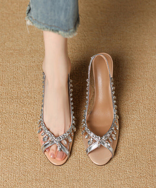 Wedge Cowhide Heels Leather Sequins Splicing Apricot Stylish FashionChic