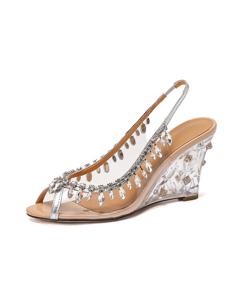 Wedge Cowhide Heels Leather Sequins Splicing Apricot Stylish FashionChic
