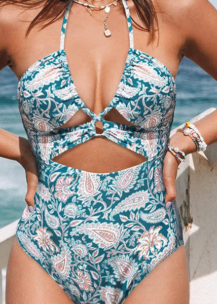 Stylish Cyan Print Halter Hollow Out Bodysuit Swimwear GF048 Swim-LTY240716