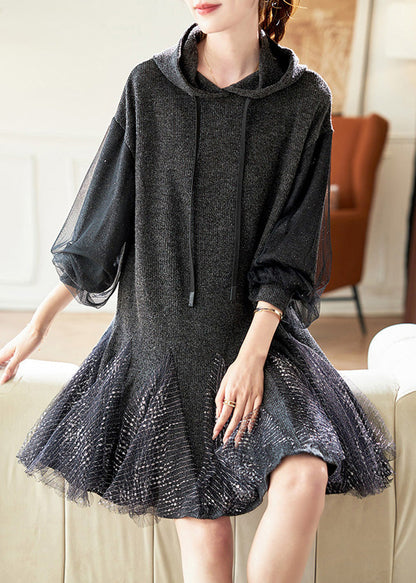 Stylish Dark Grey Hooded Tulle Patchwork Knit Dresses Spring RL023 ABC