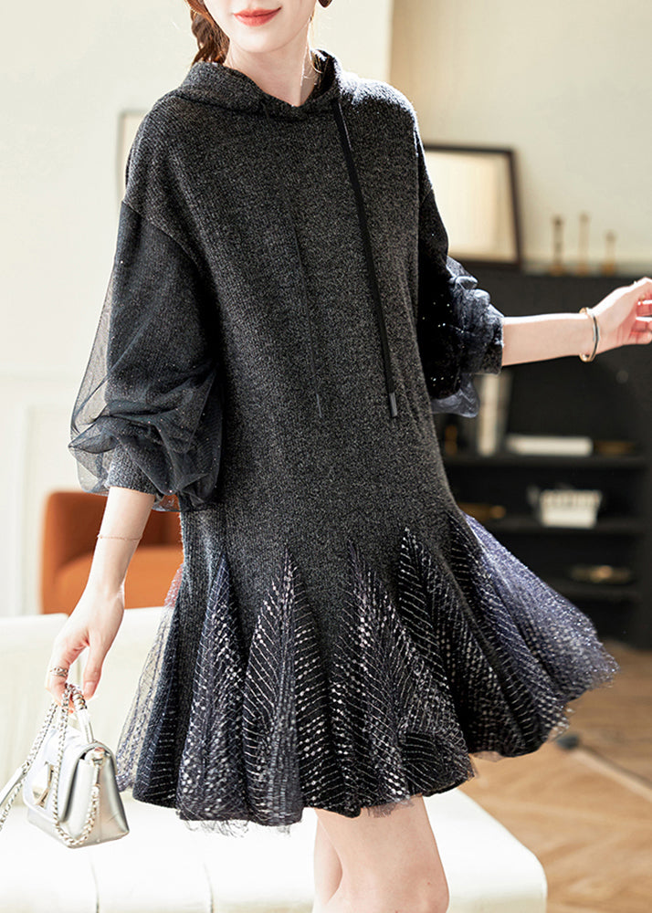 Stylish Dark Grey Hooded Tulle Patchwork Knit Dresses Spring RL023 ABC