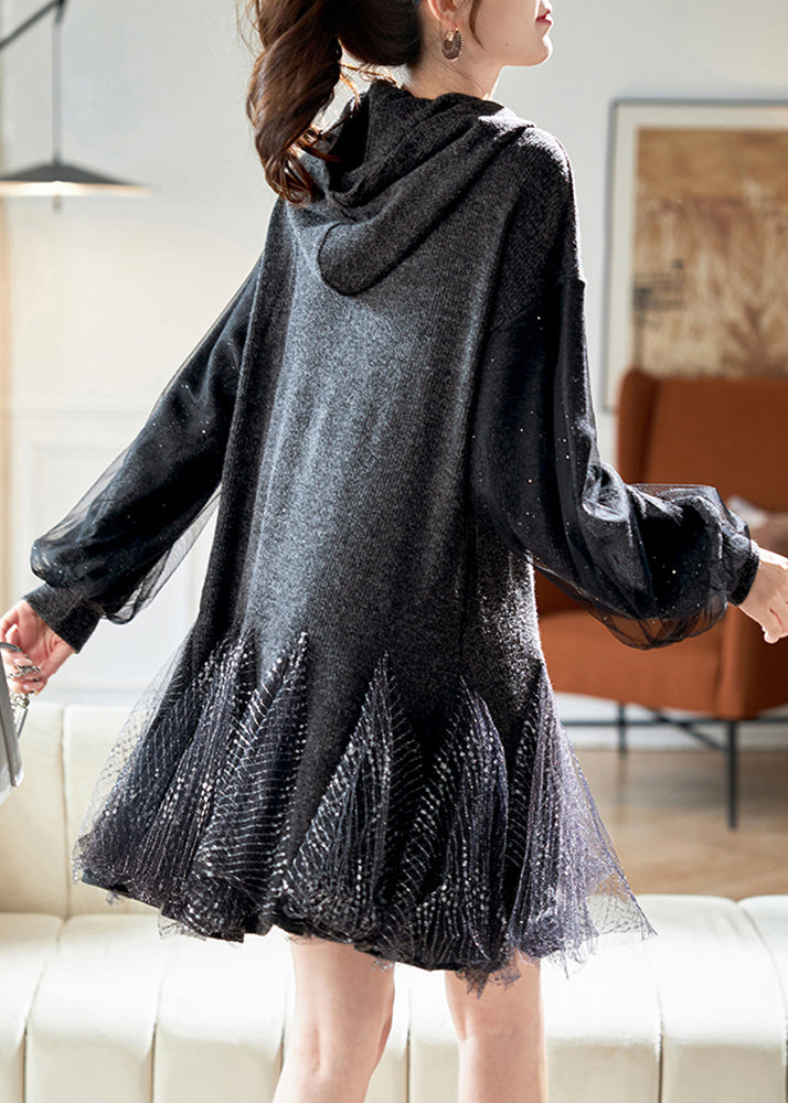 Stylish Dark Grey Hooded Tulle Patchwork Knit Dresses Spring RL023 ABC