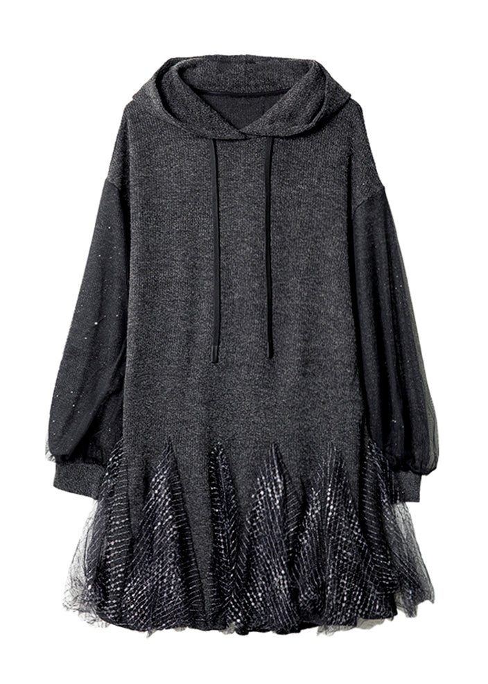 Stylish Dark Grey Hooded Tulle Patchwork Knit Dresses Spring RL023 ABC