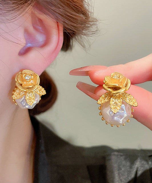 Stylish Gold Alloy Zircon Floral Pearl Stud Earrings WQ001 JEW-EAR241102