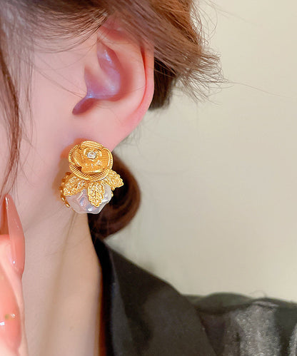 Stylish Gold Alloy Zircon Floral Pearl Stud Earrings WQ001 JEW-EAR241102