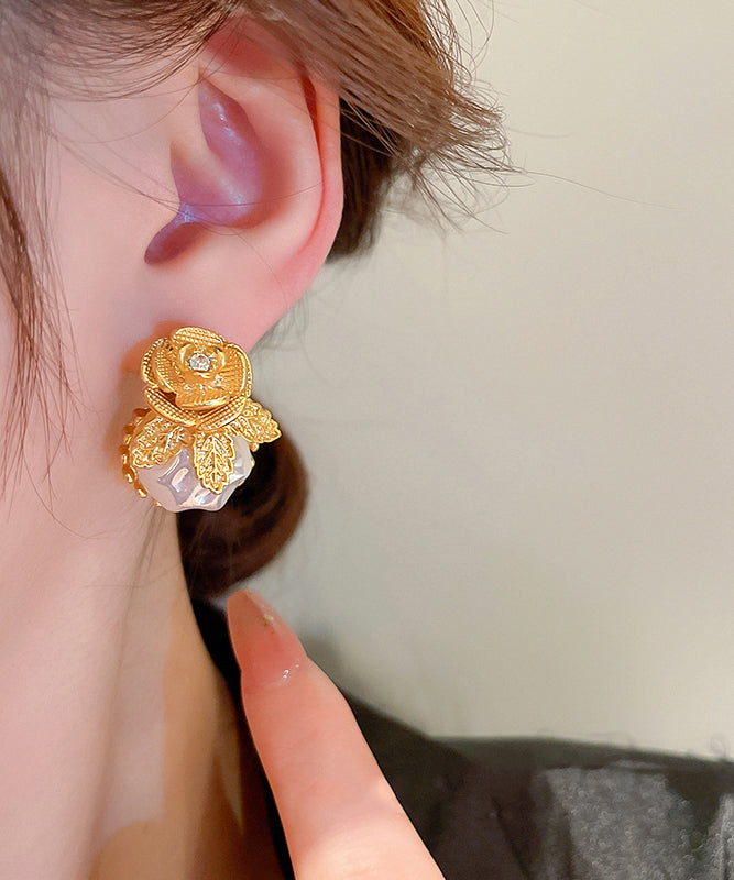 Stylish Gold Alloy Zircon Floral Pearl Stud Earrings WQ001 JEW-EAR241102