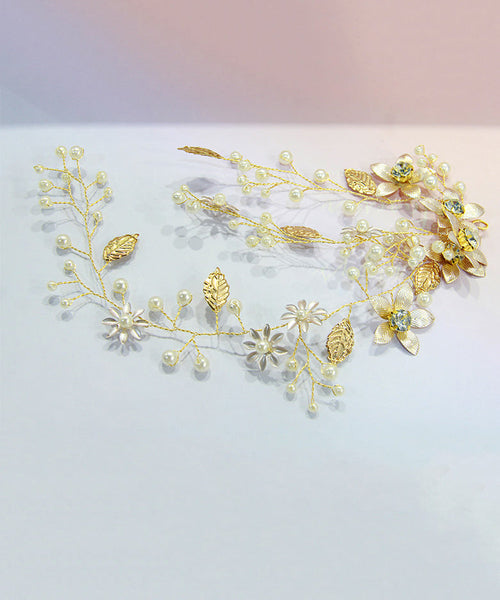 Stylish Gold Alloy Zircon Pearl Floral Leaf Girl Hairpin IU049 TZ-FQ-HAI240802