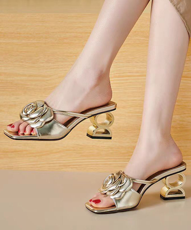 Stylish Gold Chunky Heel Floral Slide Sandals Peep Toe OI082 shoe-LT240801