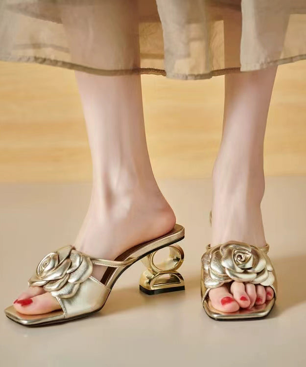 Stylish Gold Chunky Heel Floral Slide Sandals Peep Toe OI082 shoe-LT240801