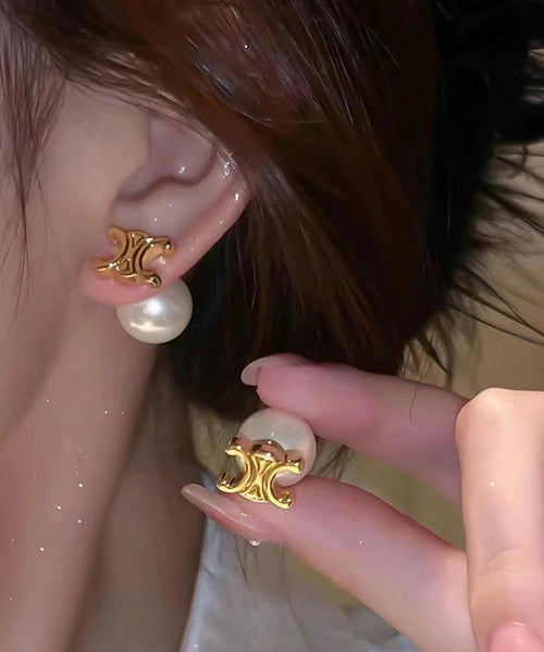 Copper Alloy Pearl Earrings Gold Stud Stylish FashionChic