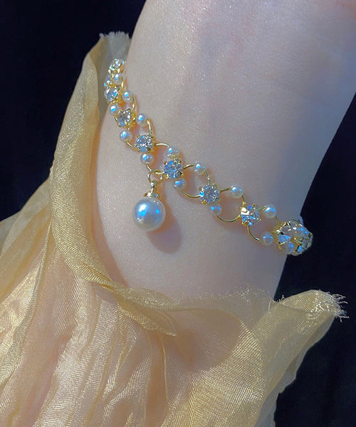 Stylish Gold Copper Alloy Zircon Pearl Charm Bracelet TX033