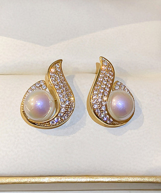 Stylish Gold Copper Overgild Zircon Pearl Fish Tail Water Drop Hoop Earrings WP016 JEW-EAR241112