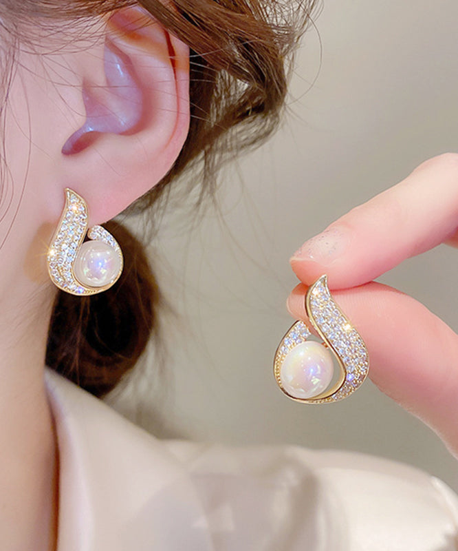 Stylish Gold Copper Overgild Zircon Pearl Fish Tail Water Drop Hoop Earrings WP016 JEW-EAR241112