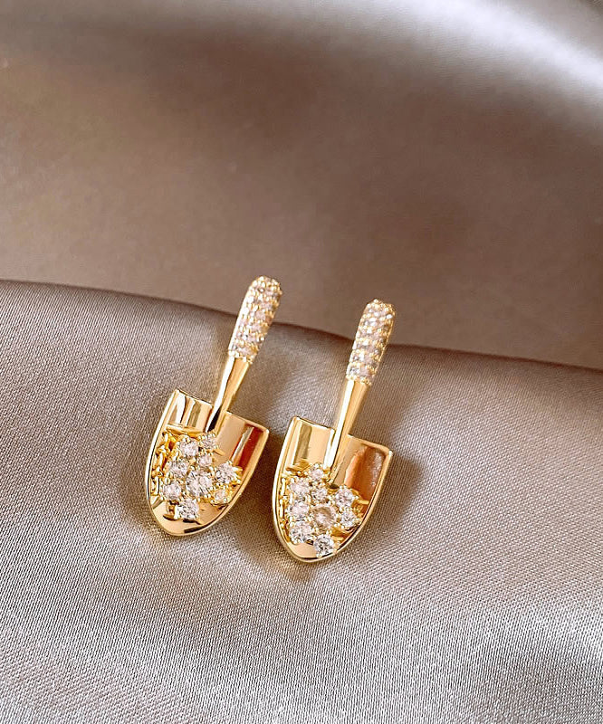 Gold Copper Small Overgild Stylish Zircon Shovel Earrings Stud FashionChic