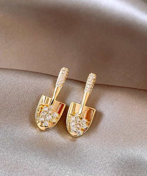 Gold Copper Small Overgild Stylish Zircon Shovel Earrings Stud FashionChic