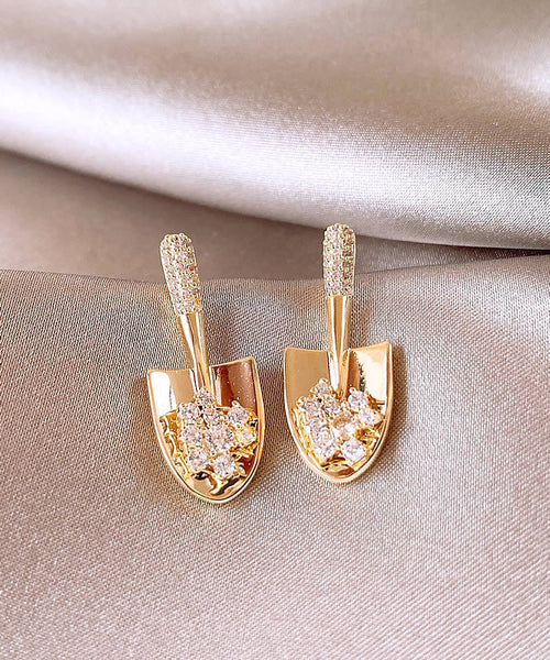 Gold Copper Small Overgild Stylish Zircon Shovel Earrings Stud FashionChic
