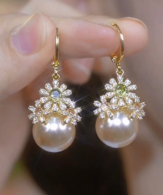 Stylish Gold Copper Zircon Pearl Drop Earrings TX030