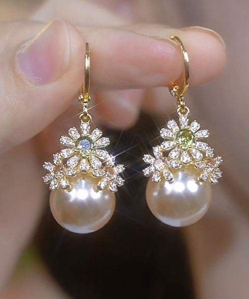 Stylish Gold Copper Zircon Pearl Drop Earrings TX030