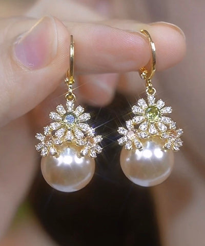 Stylish Gold Copper Zircon Pearl Drop Earrings TX030