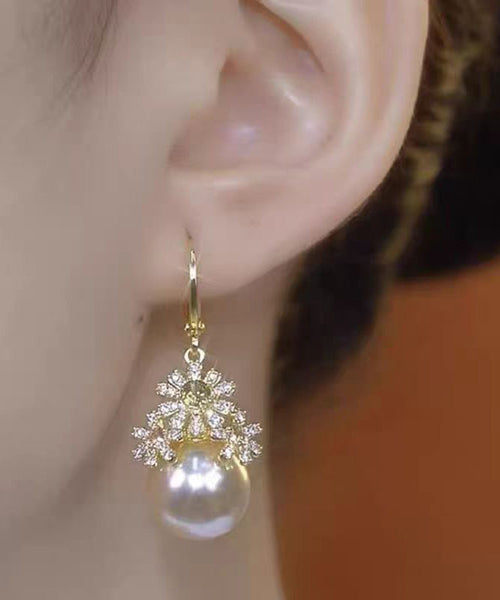Stylish Gold Copper Zircon Pearl Drop Earrings TX030