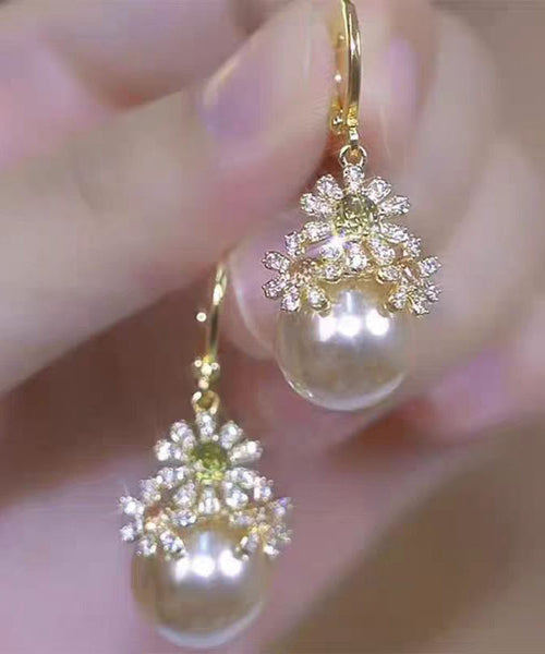 Stylish Gold Copper Zircon Pearl Drop Earrings TX030