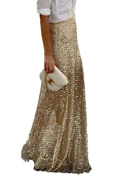 Waist Sequins High Gold Maxi Stylish Skirts Spring FashionChic