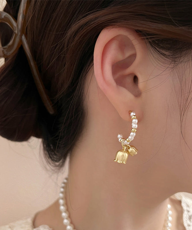 Stylish Gold Sterling Silver Alloy Pearl Small Bell Hoop Earring QQ036 JEW-EAR240811