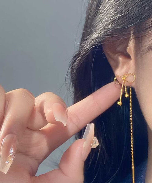 Gold Bow Sterling Drop Earrings Stylish Overgild Silver FashionChic